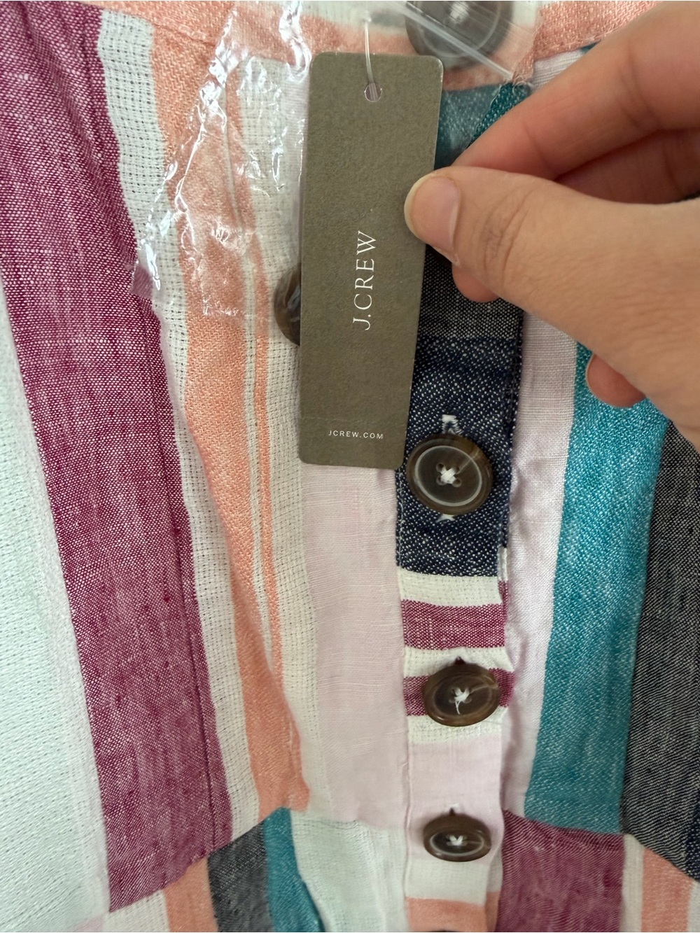 J. Crew Linen Summer Dress Midi Button-up Multicolor Mixed Stripe Ruffle NWT - Picture 6 of 12